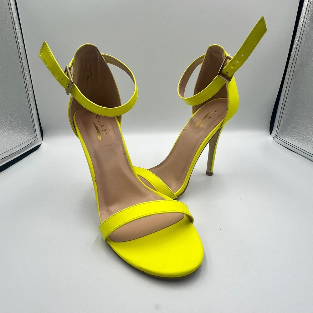 Glaze Charlie-1 Sandals Women 9 Neon Yellow Very Good Stiletto Ankle Strap Heels